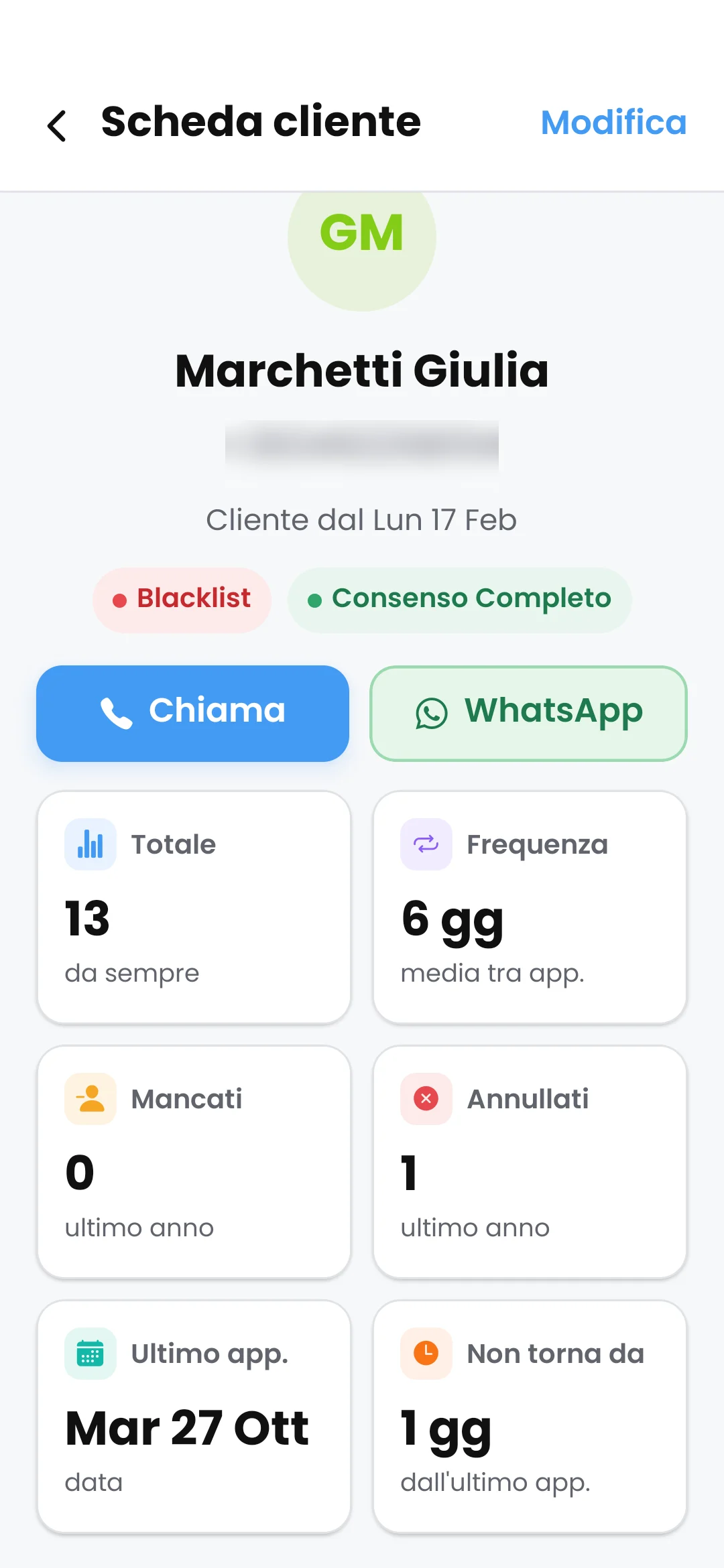 Scheda cliente nell'app con il tasto Chiama, le statistiche del cliente e i consensi privacy