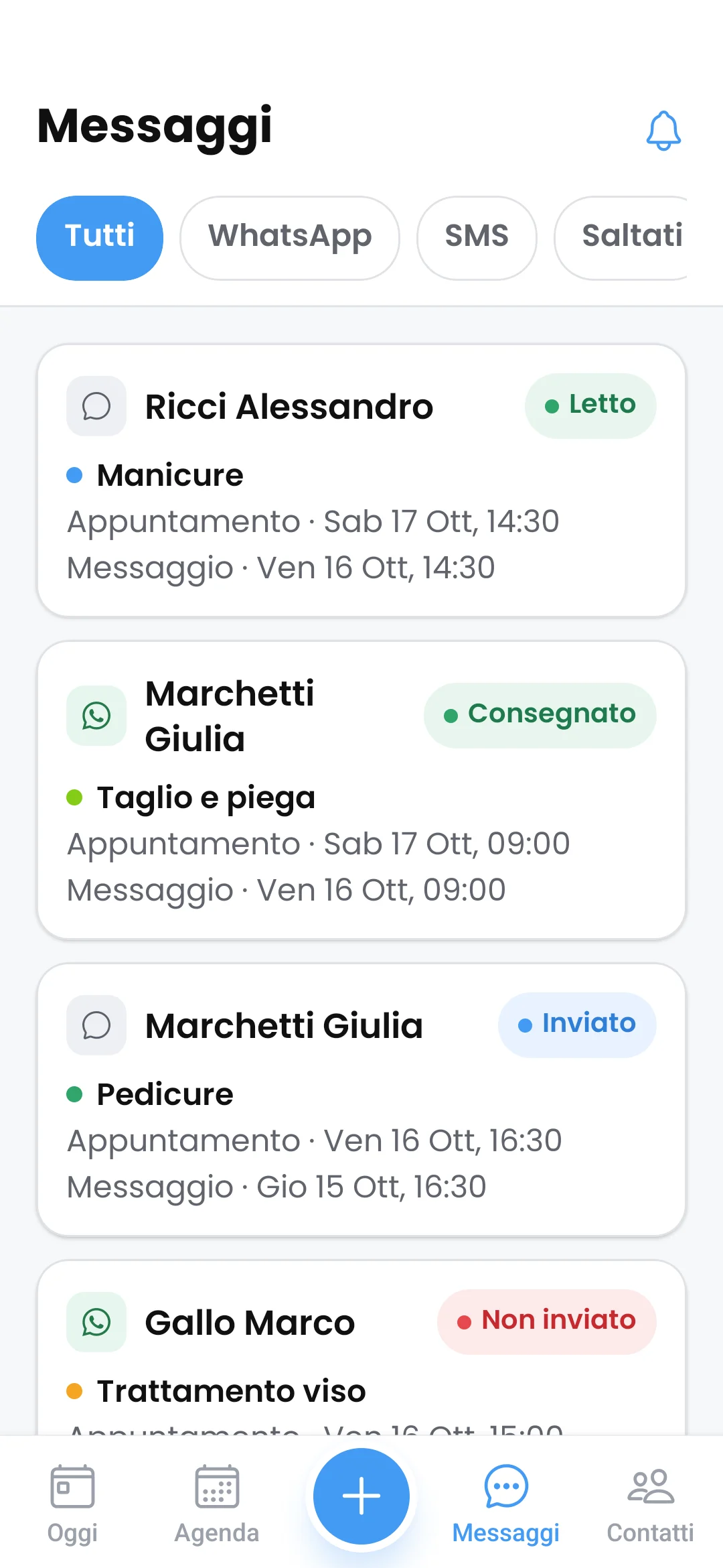 Sezione Messaggi dell'app: promemoria recenti con canale e stato di consegna