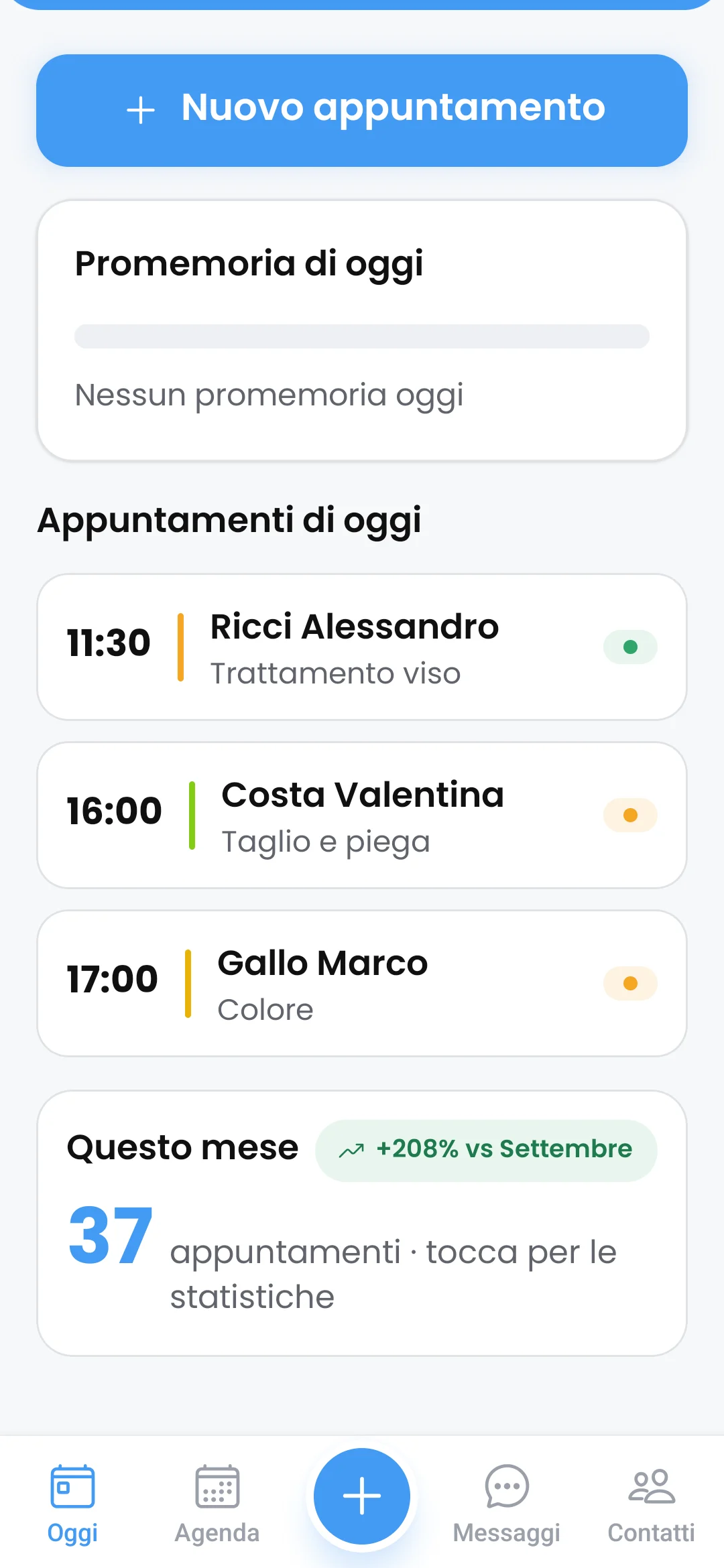 Schermata «Oggi» dell'app Memofly: gli appuntamenti della giornata in ordine di orario con lo stato di ciascuno, i promemoria del giorno e l'andamento del mese