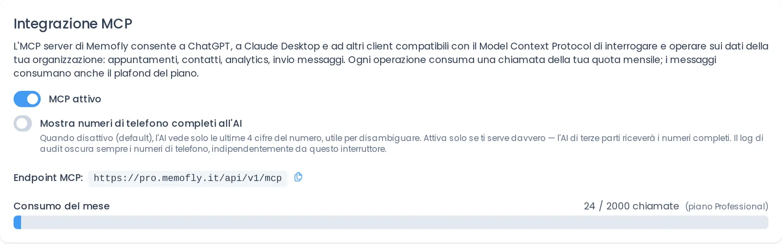 Pagina Integrazione MCP di Memofly: interruttore «MCP attivo», scelta se mostrare i numeri di telefono completi, endpoint e consumo del mese