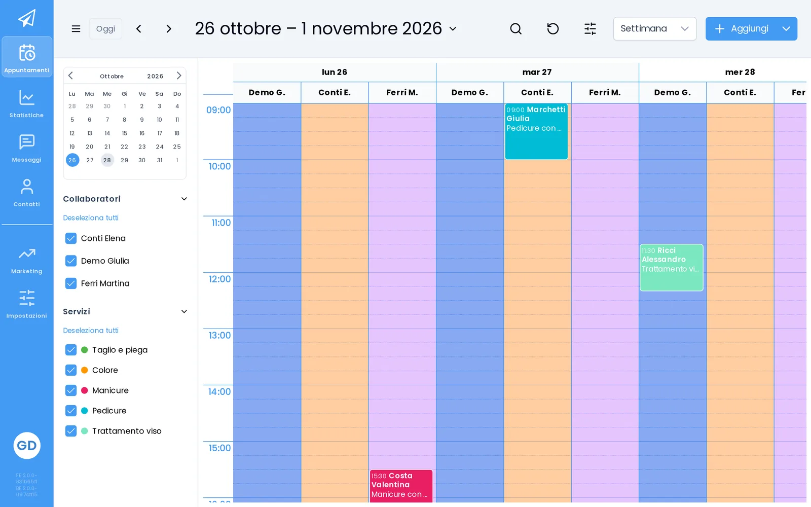 Agenda settimanale di Memofly con una colonna per ciascuna delle tre collaboratrici e gli appuntamenti colorati per servizio