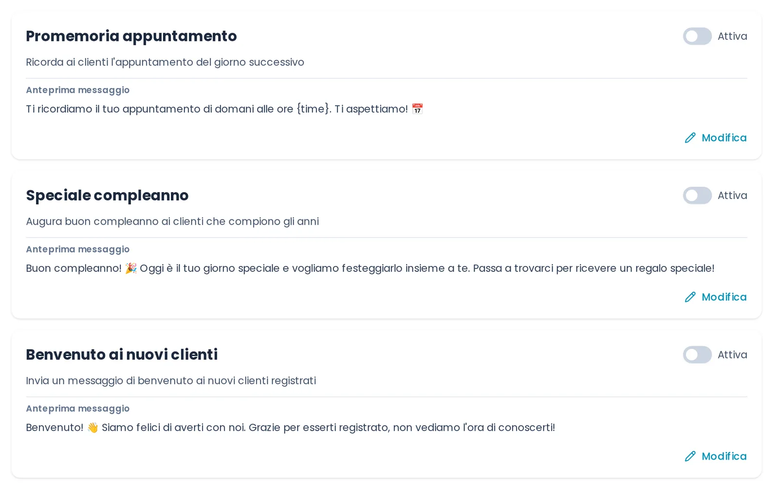 Campagne automatiche: promemoria appuntamento, speciale compleanno, benvenuto ai nuovi clienti e riacquisizione dei clienti, ciascuna con interruttore e anteprima del messaggio