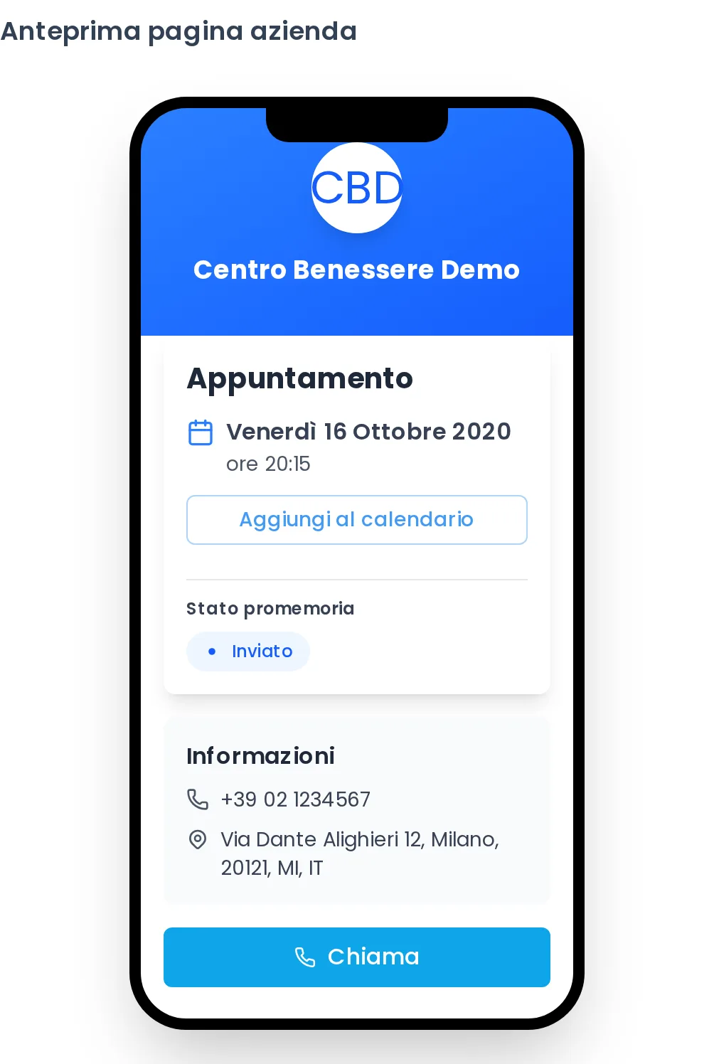 Anteprima della pagina appuntamento che riceve il cliente: data e ora, «Aggiungi al calendario», stato del promemoria e informazioni dell'attività