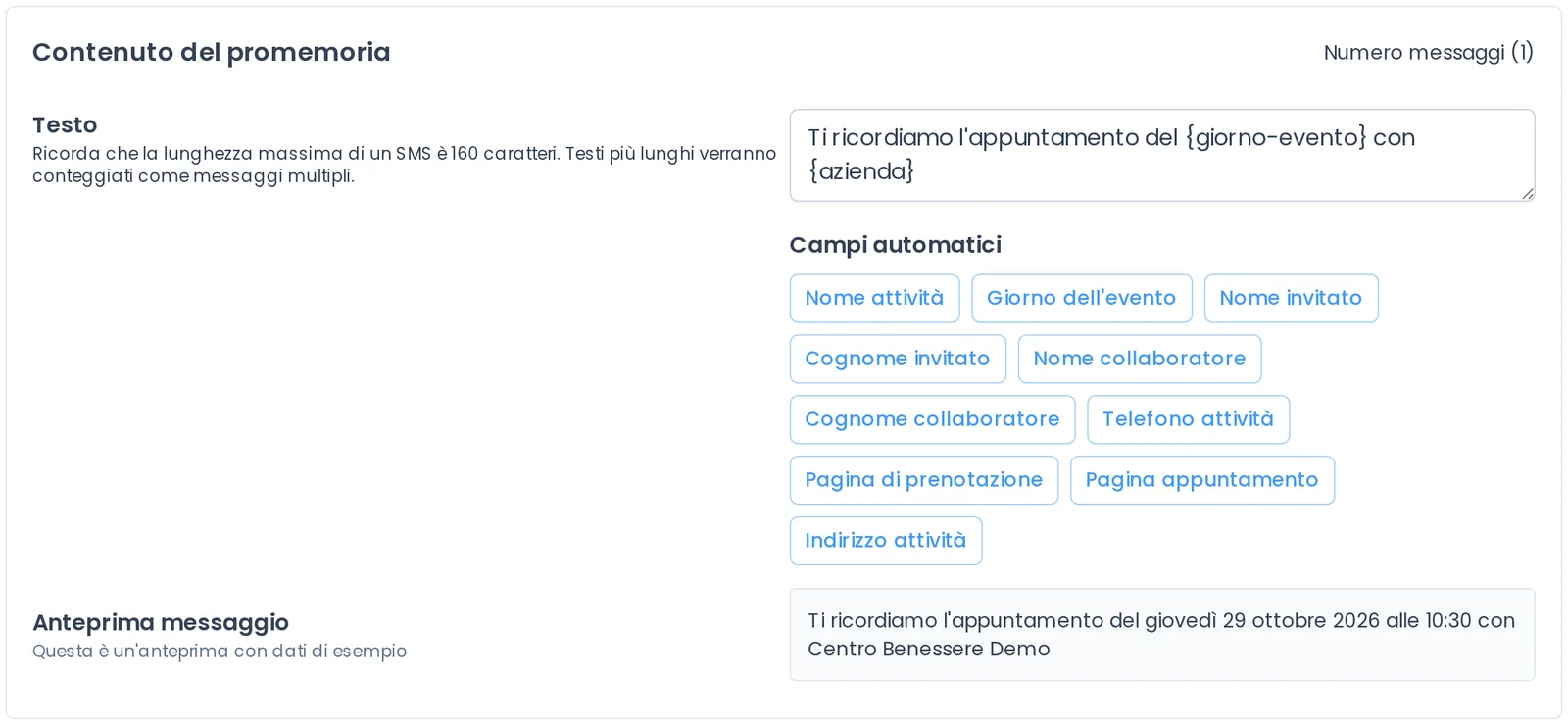 Modifica di un promemoria: testo con i campi automatici e anteprima del messaggio con dati di esempio