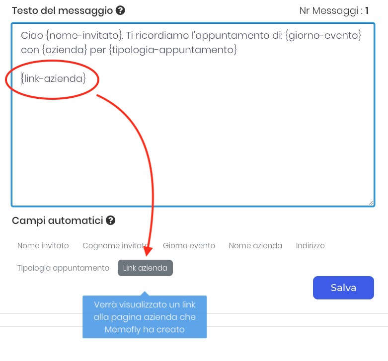 Link azienda nel testo messaggio